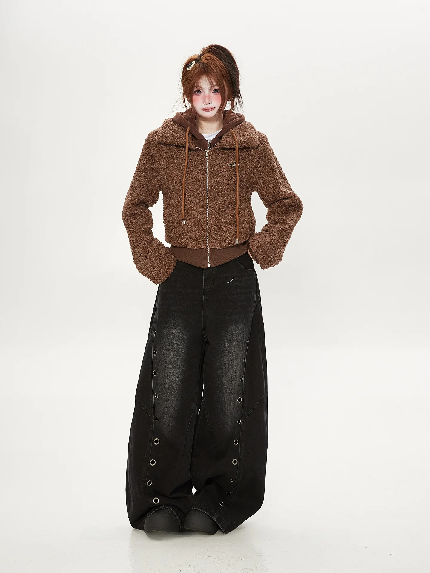 

adu женская хлопковая куртка с искусственным мехом ягненка и рогатым дьяволом, зимняя верхняя одежда, повседневная одежда для поездок на работу