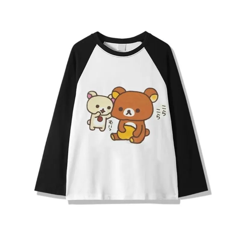 Japanese Subculture Cartoon Bear Print T-shirt Autumn New Kawaii Black White Patchwork Tshirt Loose Casual Long-sleeved Clothing