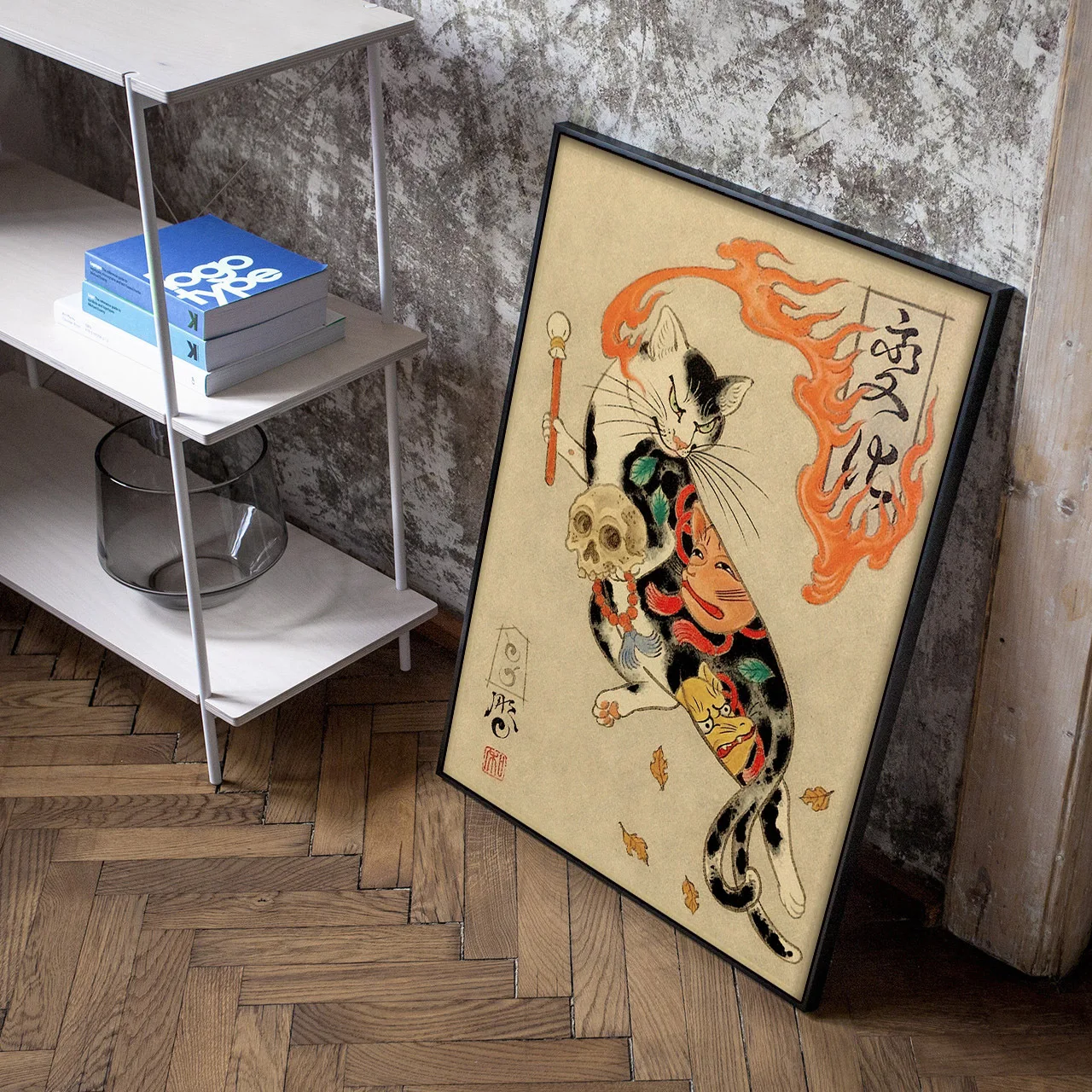 Japanese Tattoo Samurai Cat 80S Retro Series Art Wall Home Decor Picture for Cafe Room Living Canvas Painting Print Posters Gift