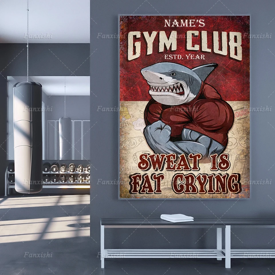 Print Painting Home Wall Art Decor Name'S Gym Club Estd Year Sweat Is Fat Crying Shark Gym Vintage Modular Picture Canvas Poster