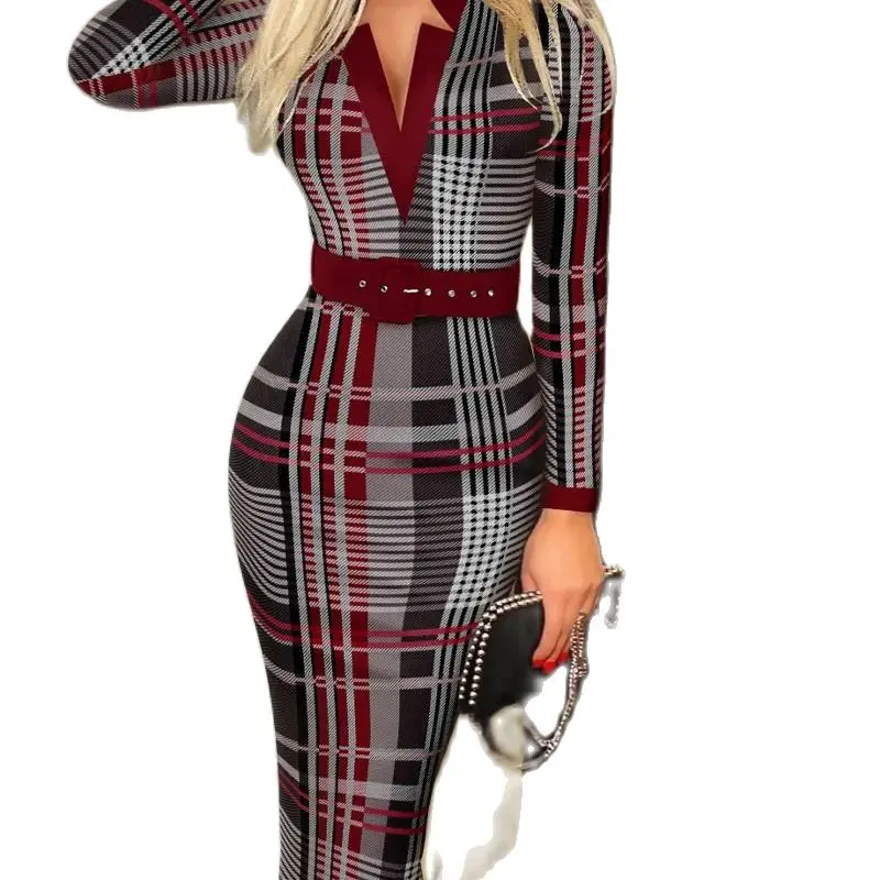 Sexy Geometric Pattern V-Neck Midi Pencil Dress with Belt - Long Sleeve Knit Bodycon for All Seasons