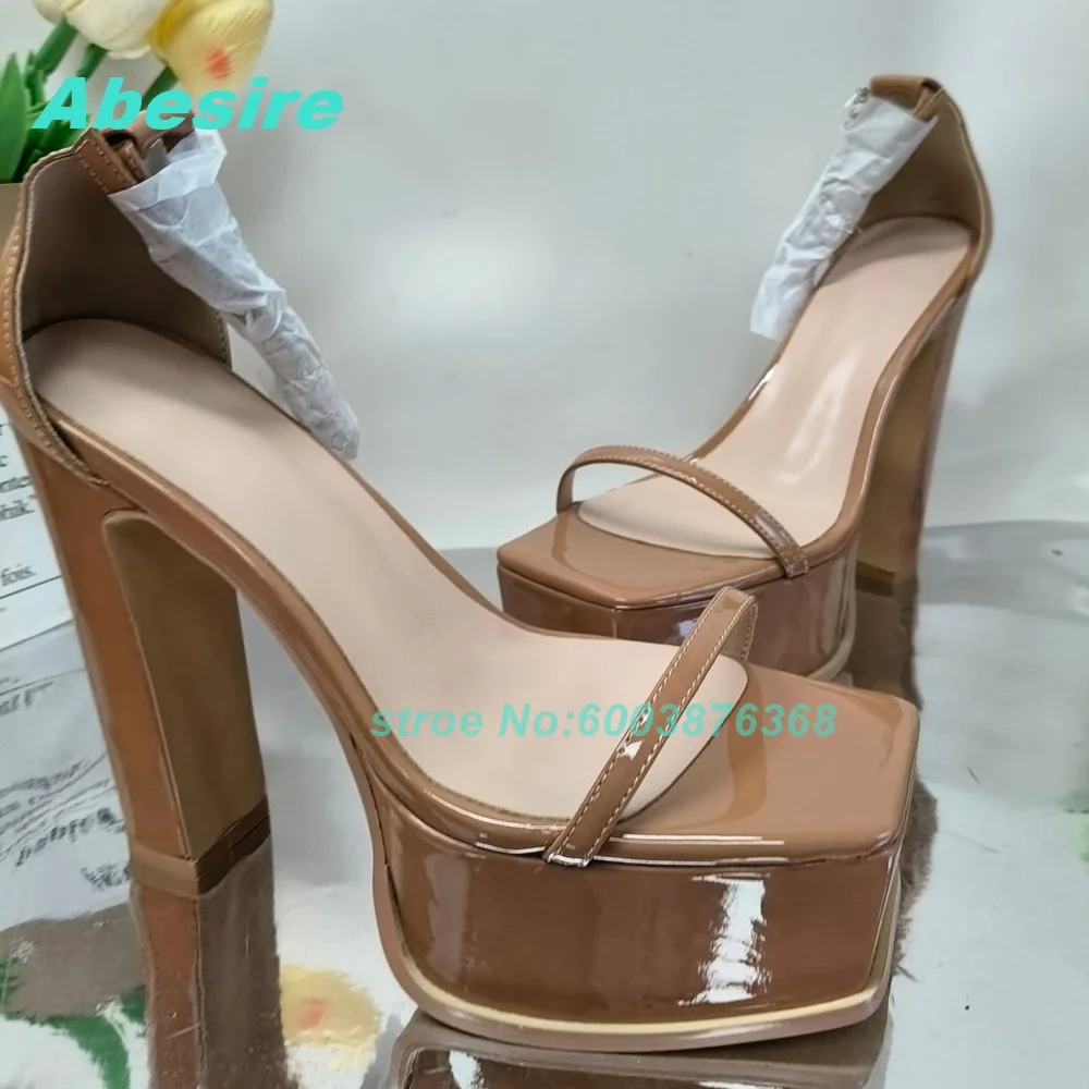 

Patent Leather Patchwork Metal Ankle-Strap Sandals Platform Square Toe Chunky Heels Shoes for Women Spicy Girls Fashion Shoes