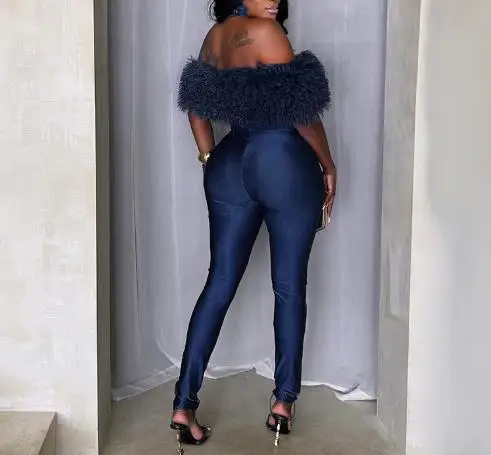 Tute da donna Autunno e inverno Tuta intera con spalle scoperte Collo in pelliccia Patchwork senza maniche Parte elastica Tuta Abbigliamento da donna