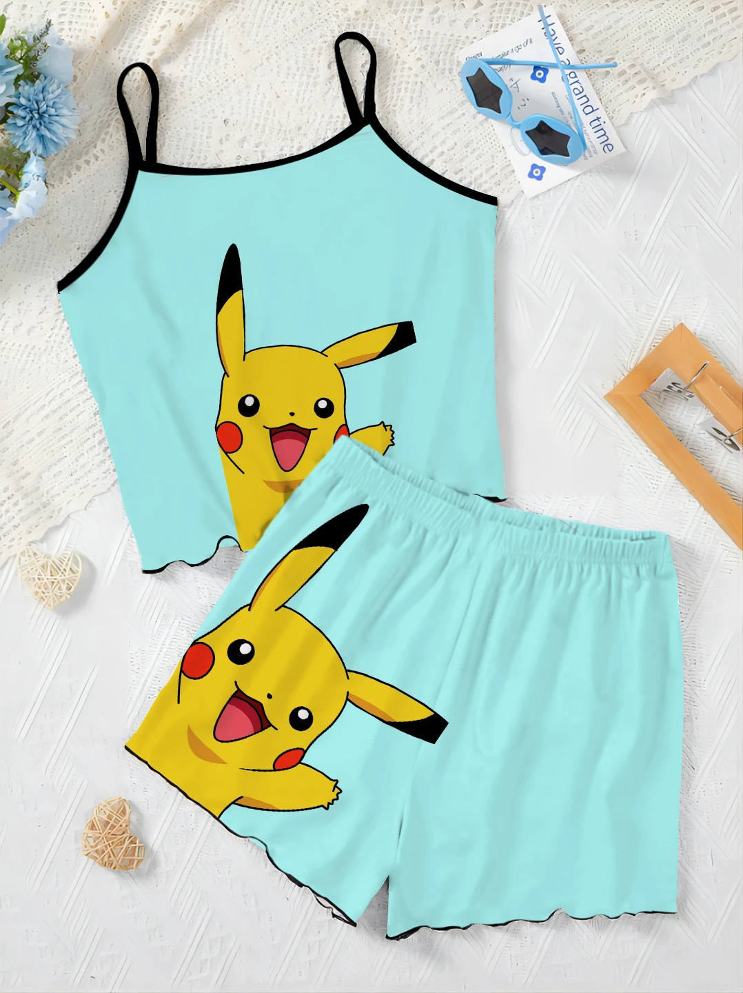 Short Sets for Women 2 Pieces Top Lettuce Trim Home Dress Pajama Skirt Women\'s Suit T-shirt Pikachu Pokémon Elegant Slip Dress