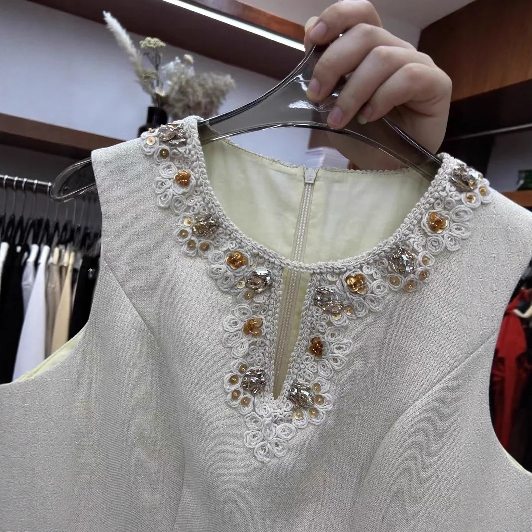 French Elegant Temperament Socialite Party Dresses Diamond Round Neck Sleeveless Loose High Waist A-line Short Tank Dress Women