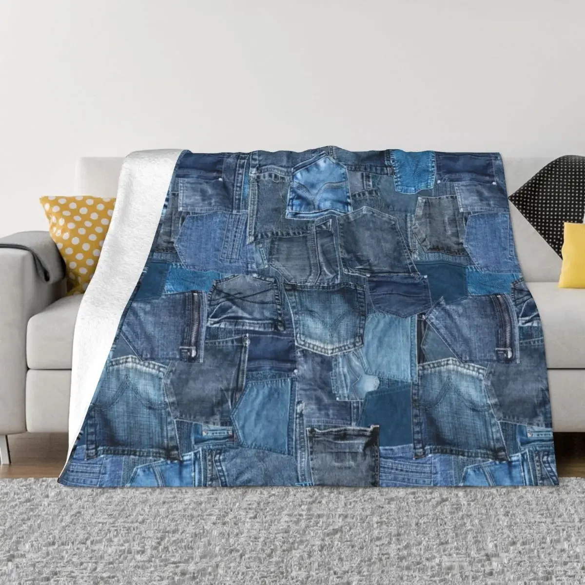 

Blue Denim Jeans Pocket Patchwork Throw Blanket Furry Large Bed Fashionable Fluffy Shaggy Sleeping Bag Blankets