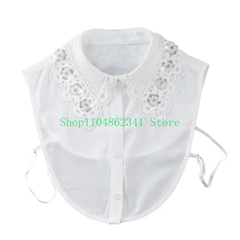 652F Detachable Collar with Sparkling Sequins And HollowOut Pattern Lace Faux Collar For Office Women Garment Enhancement