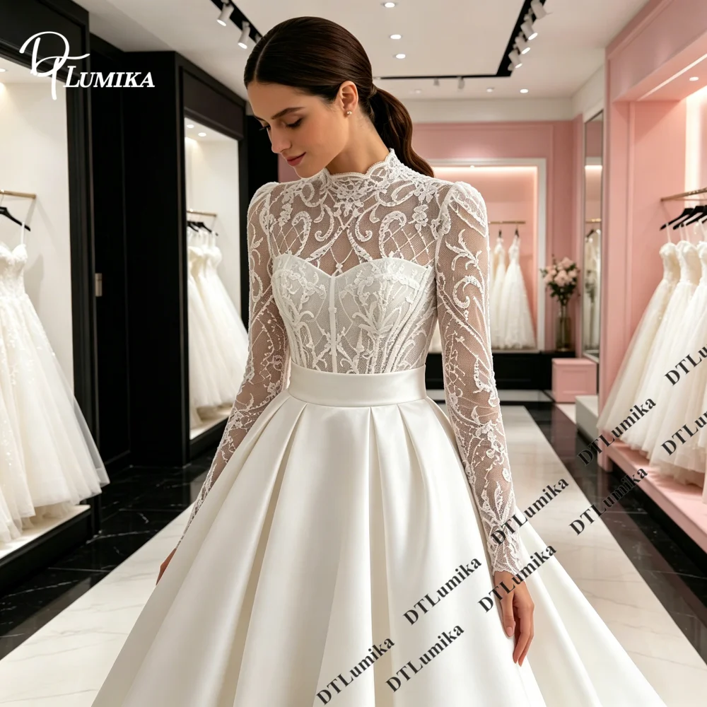 DTLumika Customizable Wedding Dress for Women, Lace Corset High Neck Bride Dress Long Satin Train, Illusion Sleeves Bridal Gown