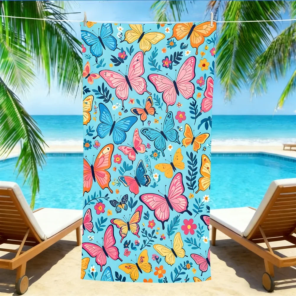 Colorful Butterfly & Floral Beach Towel – Oversized Quick Dry Sand Free with Pink & Blue Print for Spring