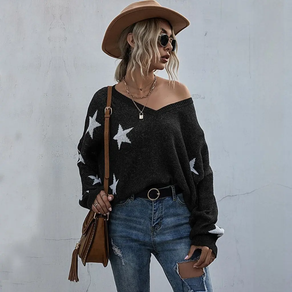 

Women's V-neck Bat Sleeve Ripped Sweater Jacquard Tassel Knit European American Style Trade Fashion Top