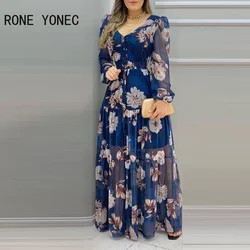 Women Floral Print Lantern Sleeve V-Neck Chiffon Dress Maxi Dress Vacation Dress 2021