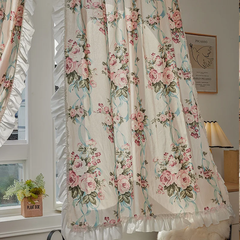 French Retro Rose Large Flower Palace Style Curtains Cream Print Ruffle Half Curtain Bedroom Window Custom Blackout Lace Fabric