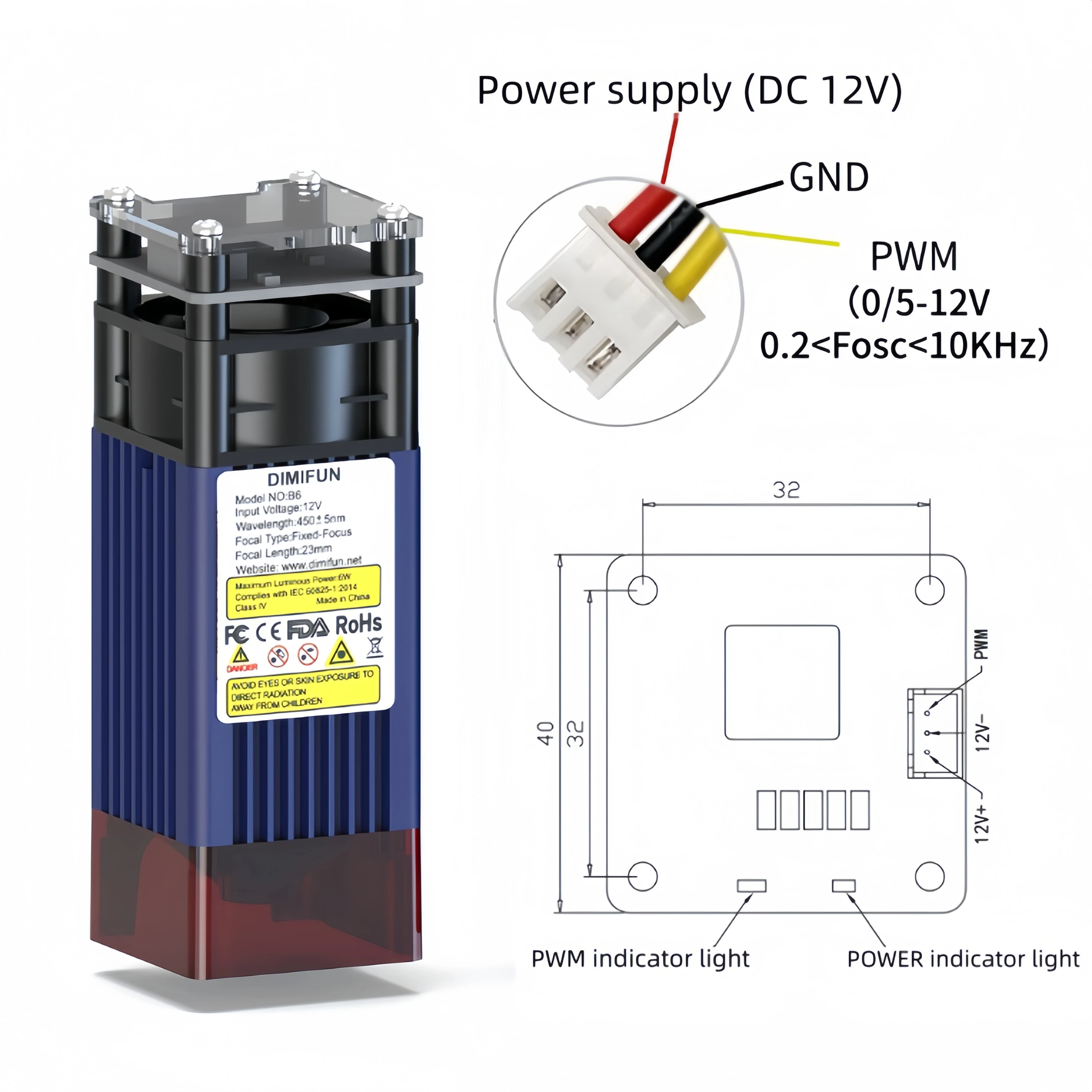 2.5W/4.5W/6W/7W/12W Blue Light Laser Module Engraving Tool, suitable for replacing modules in laser engraving machines.
