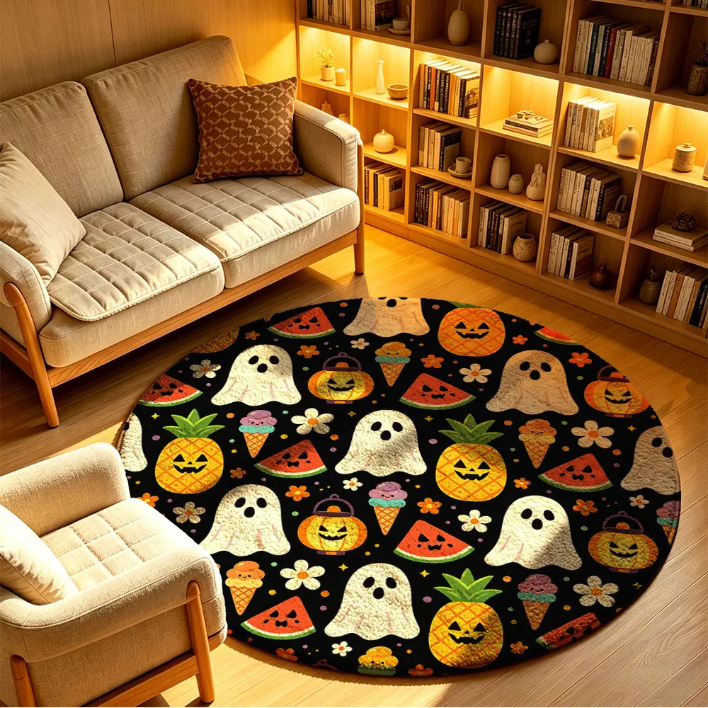 Halloween Round Floor Mat Non-Slip Washable Ghost Pineapple Pumpkin Pattern Rug for Home Party Decor