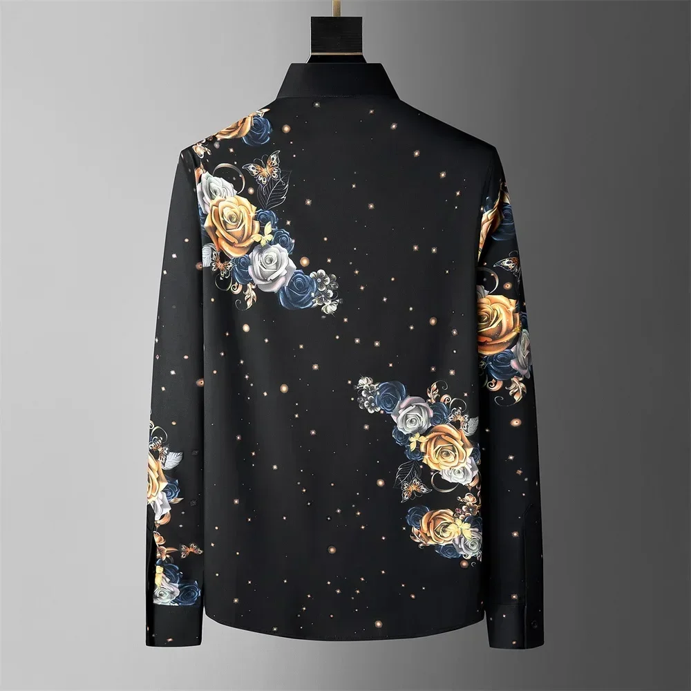 Luxury Rhinestone Flower Printed Shirt Men Casual Business Dress Shirts Long Sleeve Slim Fit Social Party Tuxedo Men Clothing