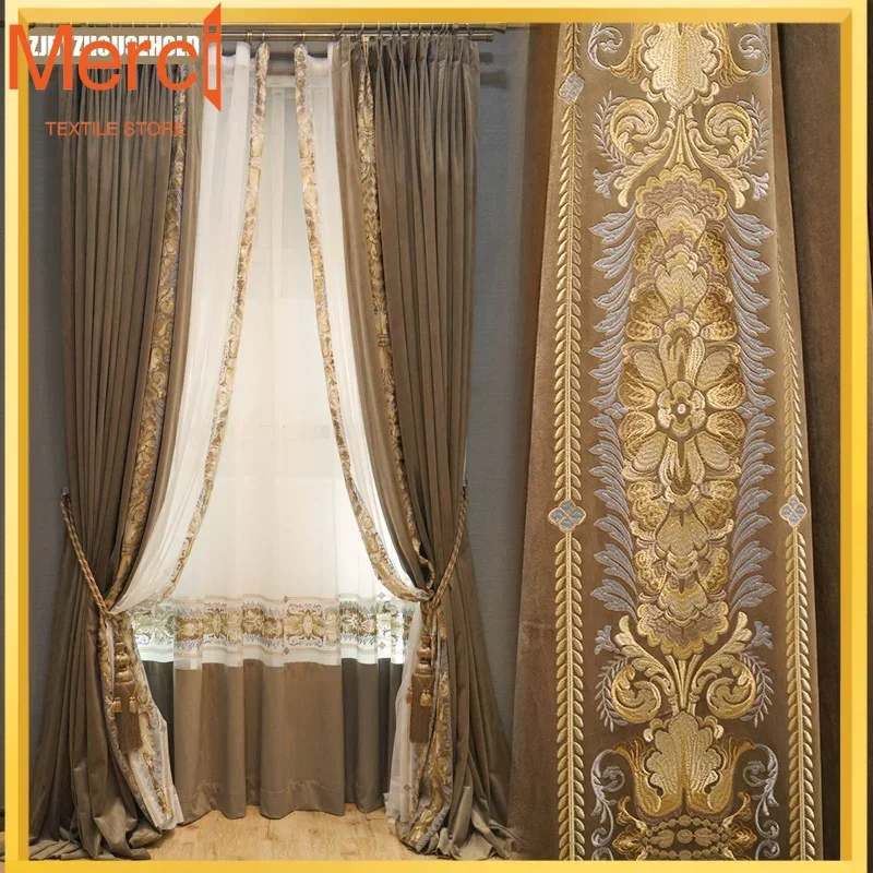 

Coffee American Curtains Embroidered Flowers Velvet Curtains For Living Dining Room Bedroom Light Luxury Blackout Customise