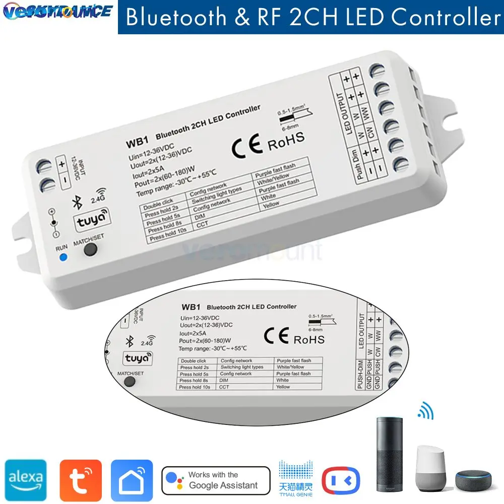 WB1 Bluetooth & RF 2CH CV LED Controller DC12V 24V Smart Dimmer Tuya APP Skydance 2.4G RF Remote for Single Color CCT LED strip