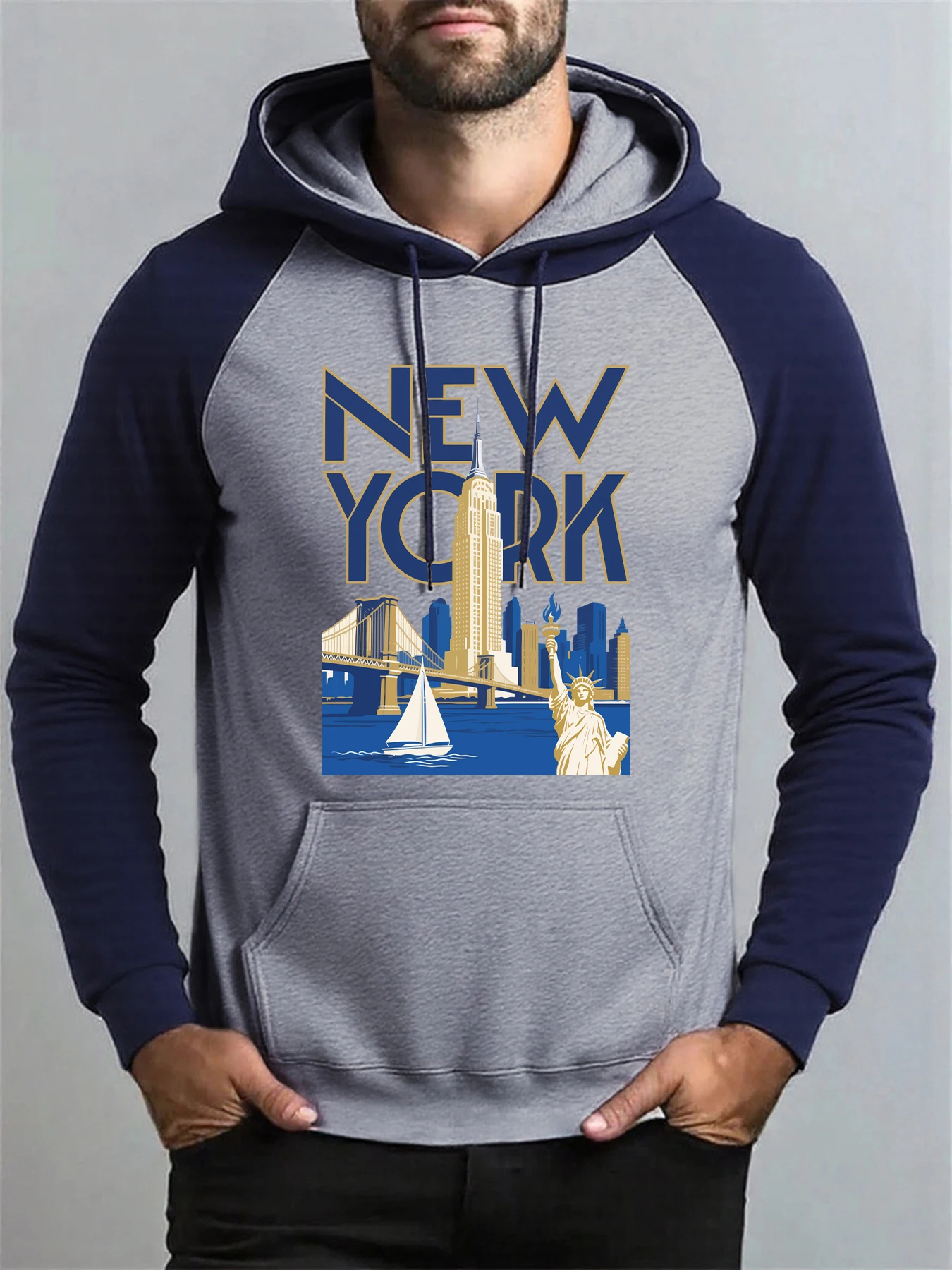 

New York Attractions Printing Men Raglan Hoodies Multicolor Pullovers Fleece Soft Sportswears Casual Pocket Hoody Unisex