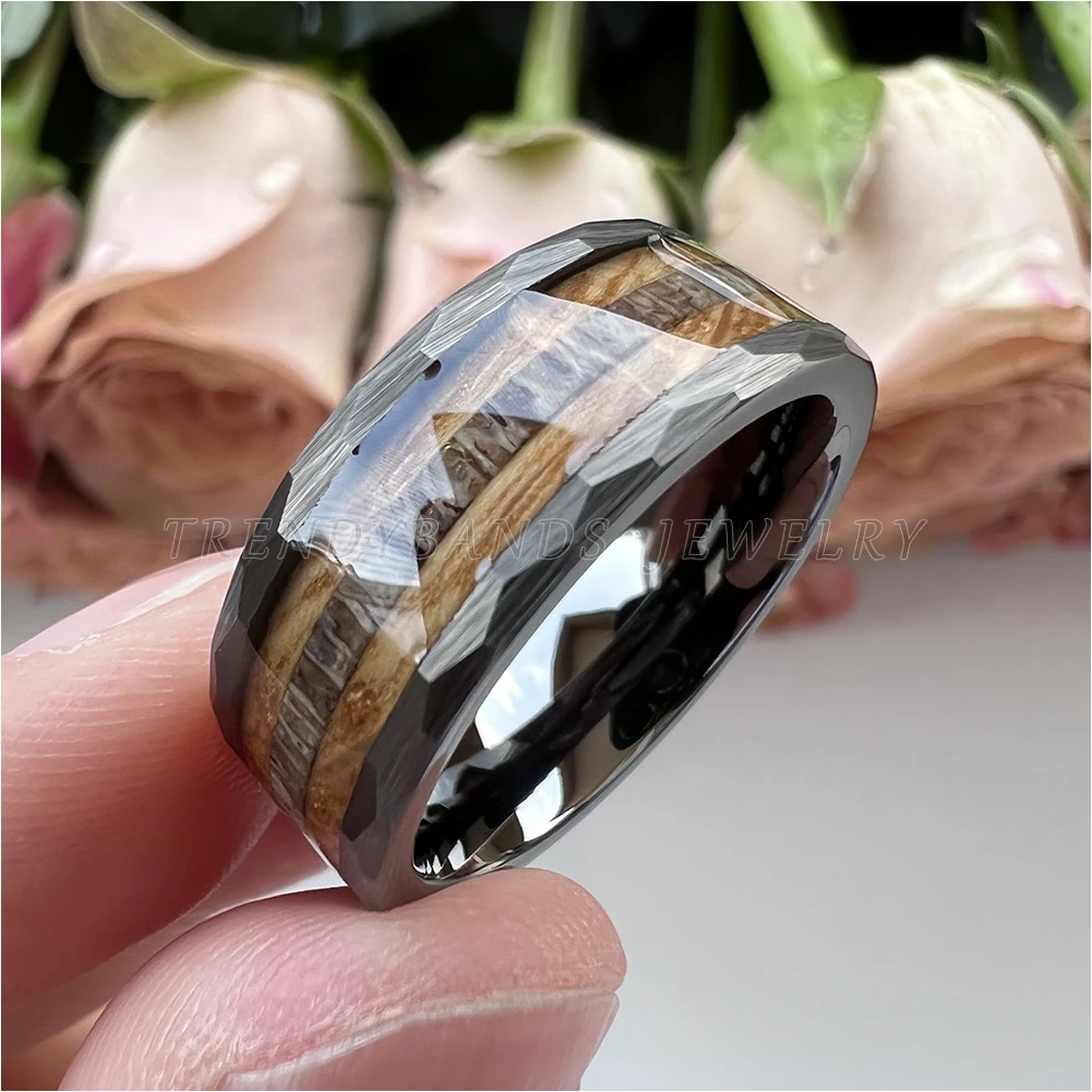 8mm Hammered Fashion Ring for Men Women Tungsten Carbide Engagement Jewelry Wedding Band Whisky Barrel Wood Inlay Brushed Shiny – Detail 8