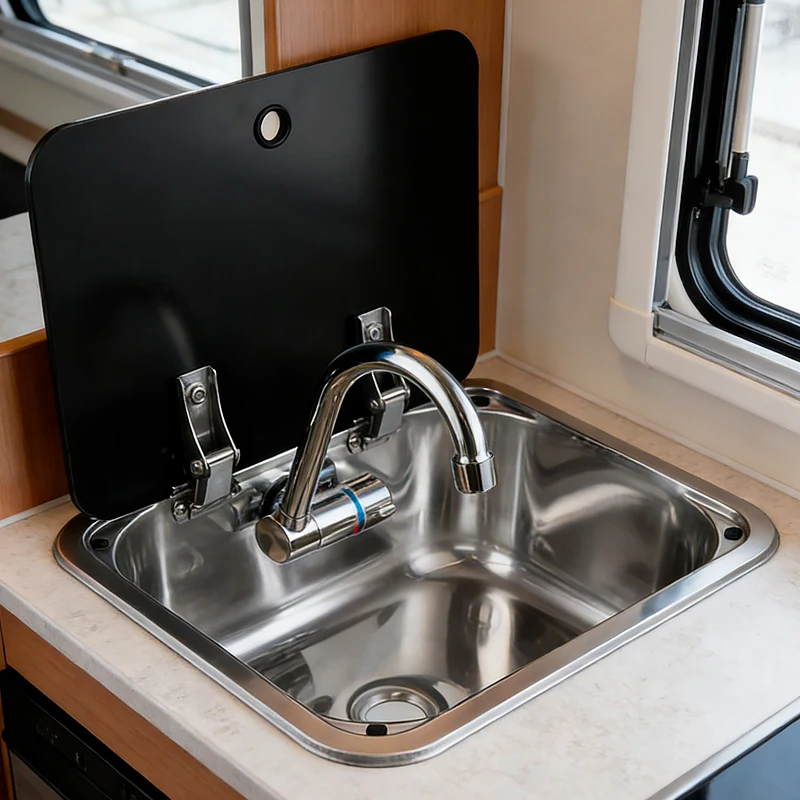Compact Stainless Steel RV Sink with Glass Lid Hot Cold Faucet Camper Van Boat Caravan Small Kitchen Sink Basin - view 2