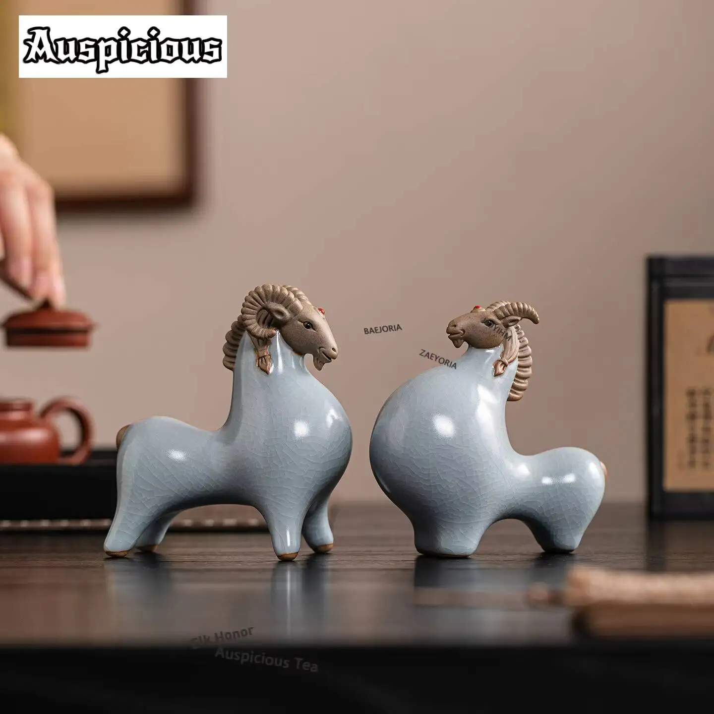 ZAEYORIA Azure Ru Kiln Porcelain Zodiac Sheep Ornament Ceramic Twelve Zodiac Lucky Living Room Office Decoration Mascot Crafts