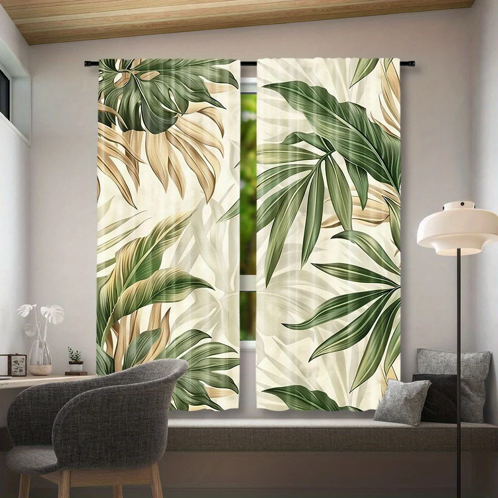 2pcs, Palm Leaf Printing Curtains, Rod Pocket Mount, Digital Printed Curtains, Polyester Material, Suitable for Living Room, Clo