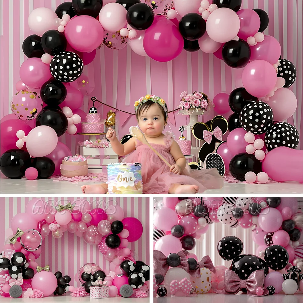 Cake Smash Photography Backdrop Pink Balloons And Bow Baby Shower Decoration Spring Celebrate Birthday Background Photo Studio