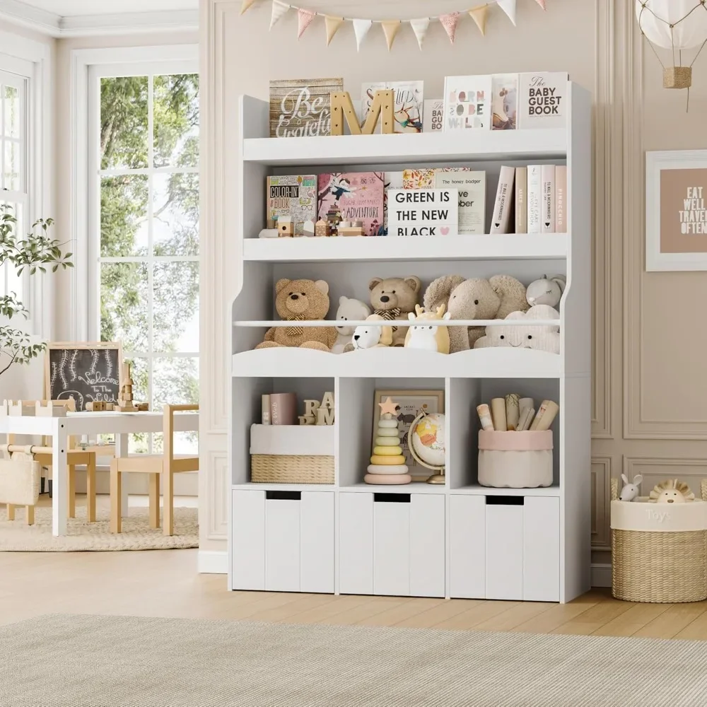 

55.3" H Kids Bookshelf with Toy Storage Organizer, Tall Book Shelf with 3 Movable Toy Storage Bins, Large Kids Bookcase