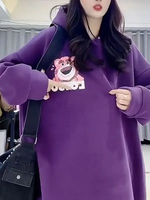 Plus Size 300 Pou Cartoon Stberry Bear Fronte e stampa Ba Felpa lunga da donna con cappuccio Sve Fce Trendy Fat MM