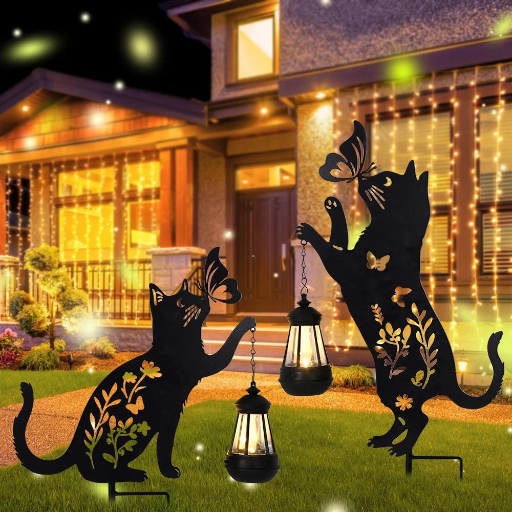 1pair of Metal Floor Socket Cat Silhouette Lanterns,Larga Duración Solar Power Lights Outdoor Holiday Lighting Garden Decoration