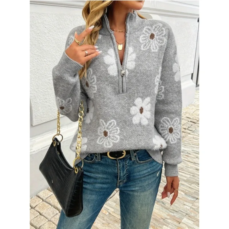 

1pcs Women's Floral Print Semi-Zip Sweater, Stretchy Knit Pullover, Casual Fall Winter Fashion Top, Soft Daily Wear