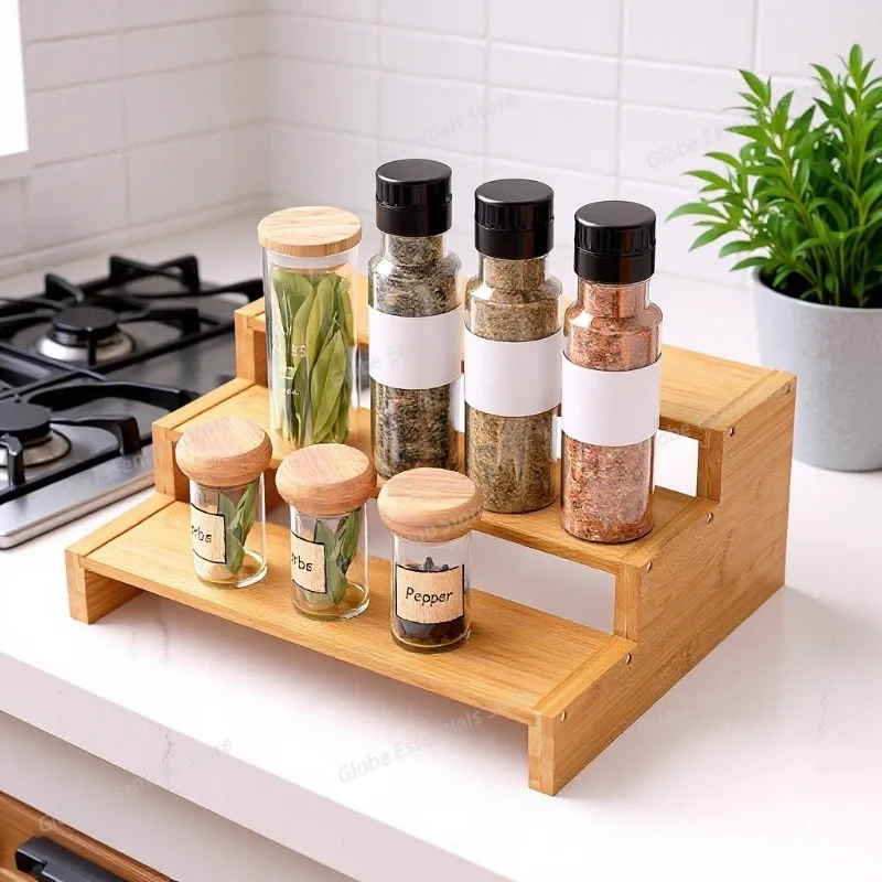 Bamboo Three-layer Kitchen Rack Countertop Multi-layer Seasoning Storage Rack Multi-functional Cup Blind Box Plant Display Rack