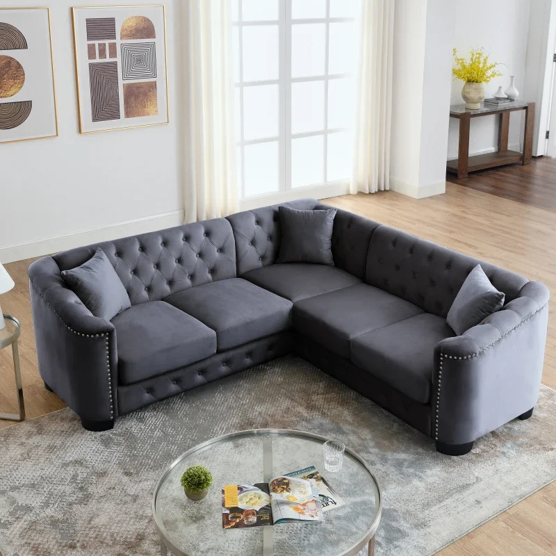 82 inch modern Chesterfield velvet upholstered sofa,living room corner sofa set,5-seater L-shaped profile sofa,lounge sofa chair