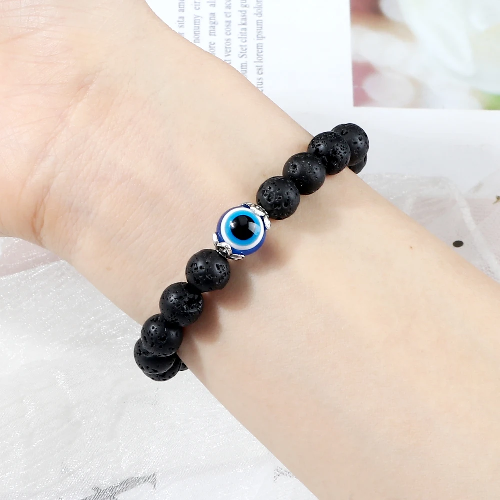 8mm Natural Tiger Eye Stone Bracelets Men Healing Agate Beads Bracelet with Evil Eye Elastic Rope Charm Jewelry Gifts for Women