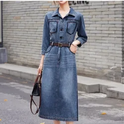 Vintage Denim Shirt Dress Spring/Summer 2024 New Casual Fashion Slim Temperament Dresses With belt Women's clothing