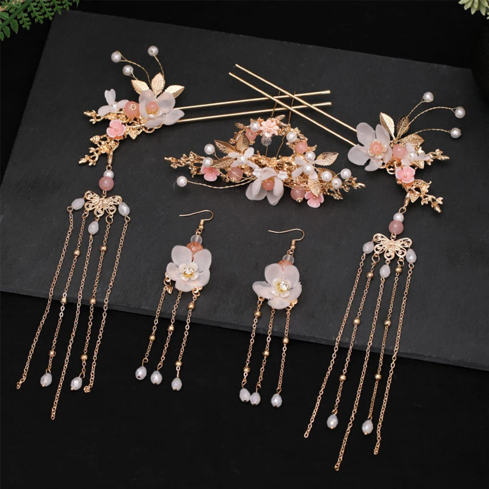 Hairpins Women Handmade Chinese Crystal Tassel Long Headwear Sets Hanfu Hair Stick Earrings Hair Comb