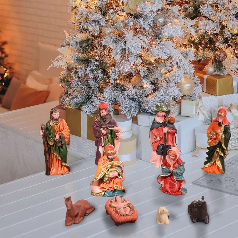 10Pcs/Set Resin Material Nativity Stable Ornaments Hand Drawn Design Vintage Christmas Manger Scene Tabletop Display
