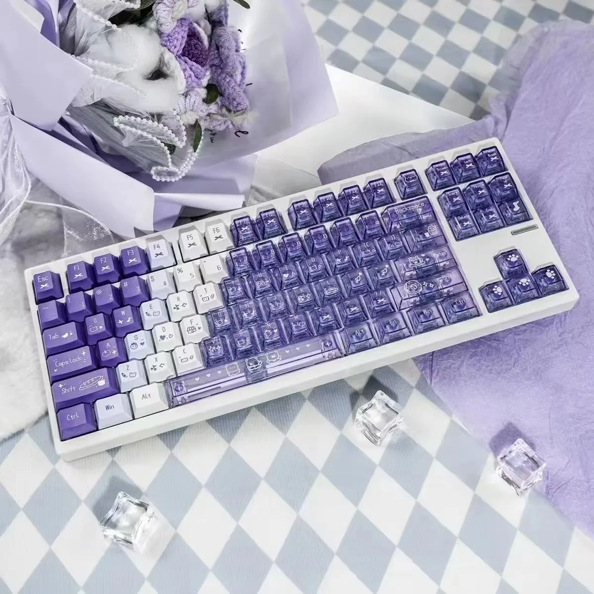 Purple snow mountain strawberry heartbeat gradual change powder through mechanical keyboard keycap customization full set