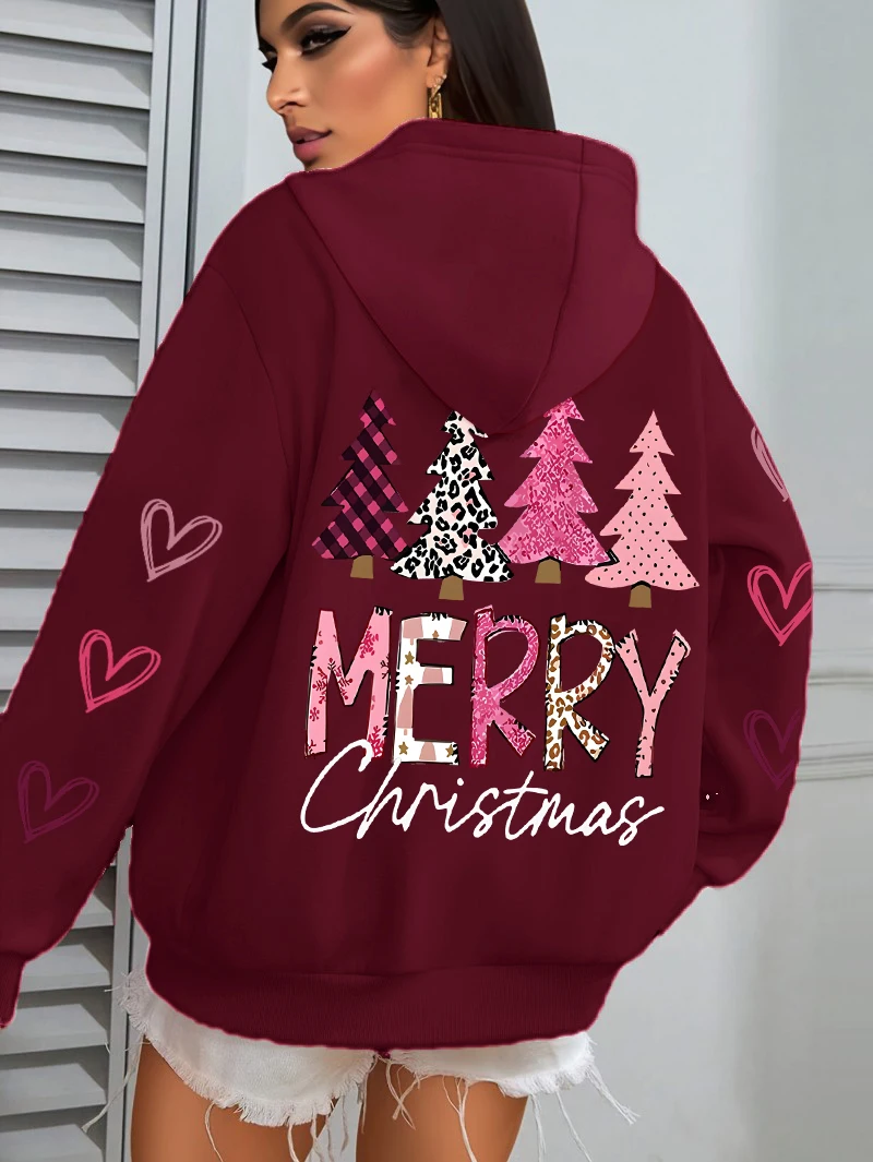 Merry Christmas Pink Tree Printing Women Hoody All-Match Autumn Hoodies Casual Loose Pullover Harajuku Pocket Streetwear