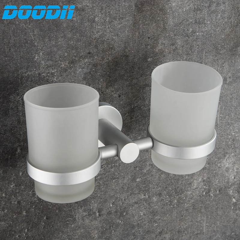 DooDii 1 Set High Quality Wall-mount Space Aluminum Cup holder Glass Cups Bathroom Accessories Double Toothbrush holder