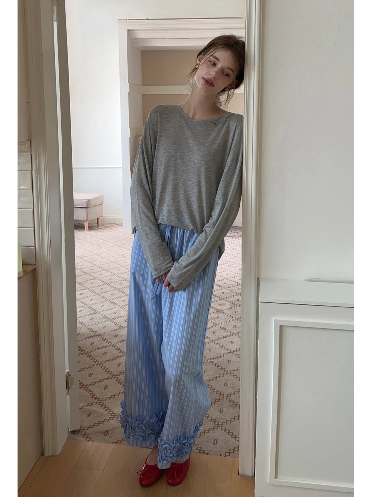 

High Waist Dstring Elastic Waist Vertical Striped Multi-Layer Wooden Casual Pants Women Summer Loose Wide Leg Trousers