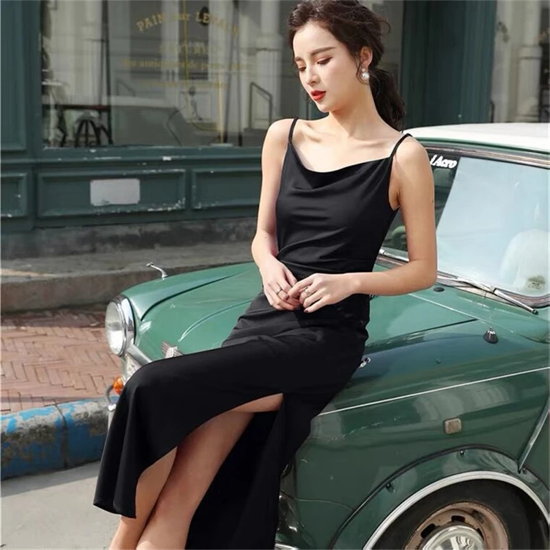 Robe trapèze élégante en Satin noir uni pour femmes, tenue de soirée Sexy, en soie glacée douce, bretelles Spaghetti, été, 2026