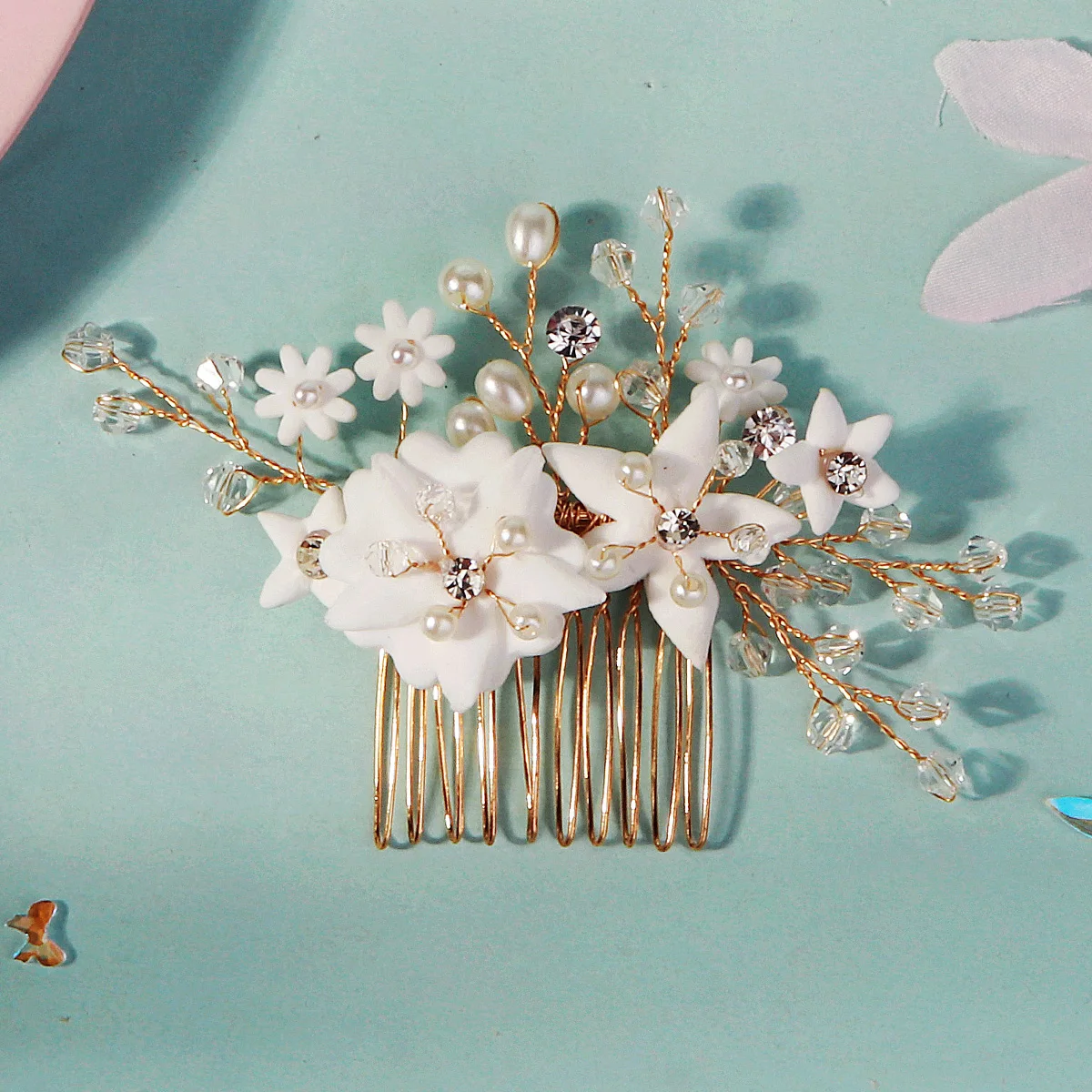 Elegante weiße Polymer Clay Blumen Damen Haarkämme Mode Kristall Perle Haarnadeln Braut Hochzeit Kopfschmuck Schmuck – Detail 18