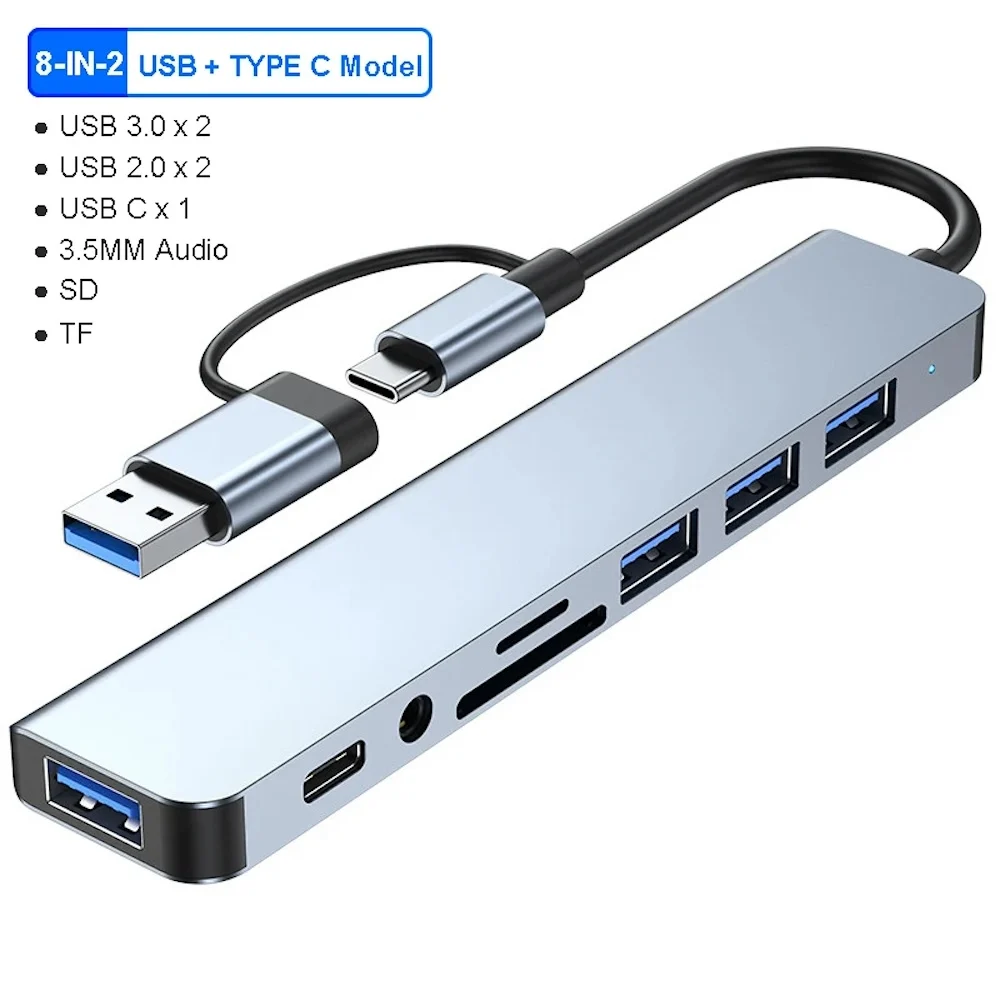 8-in-2 USB-C & USB-A Hub, Multi-Port Adapter with 3.5mm Audio Jack, USB 3.0, TF/SD Card Readers, for Laptops, MacBooks, and Tablets