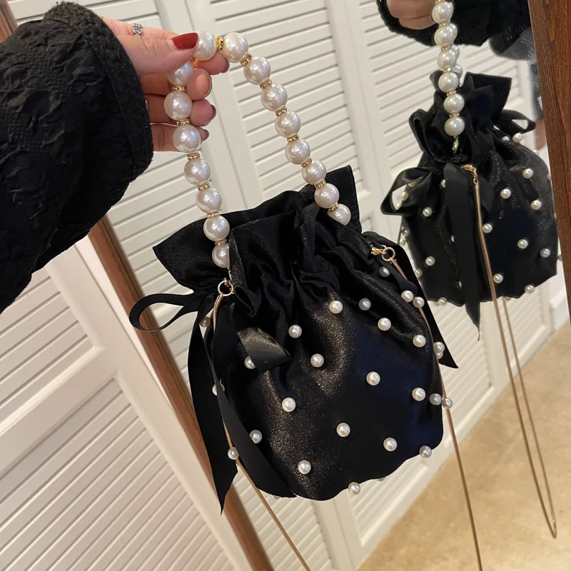 Black Bead Pérola Imitação Silk Bucket Bag para Mulheres, Bolsas de Ombro, Senhoras Bolsa, Feminino Crossbody Bag, Alta Qualidade, Marca de Luxo