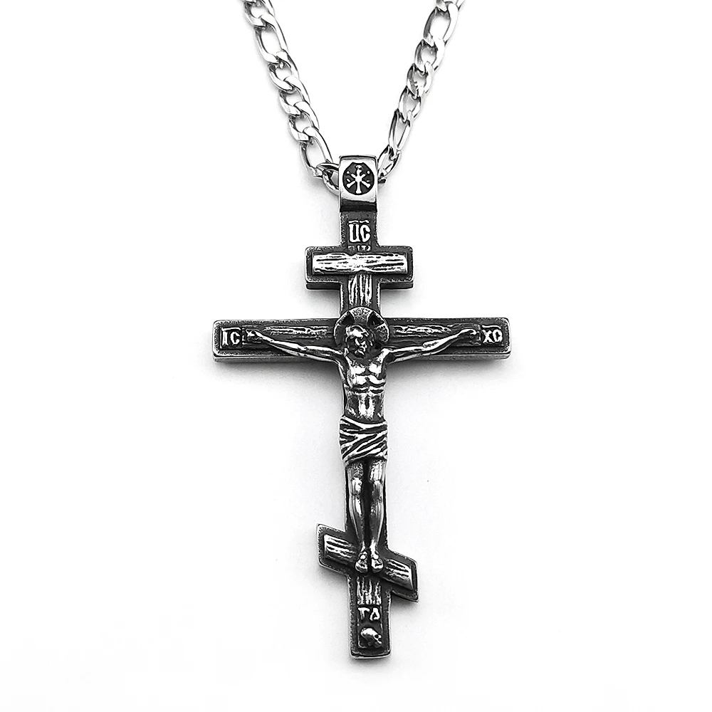 Vintage Orthodoxe Jesus Kreuz Anhänger Halskette für Frauen Männer Silber Farbe Edelstahl Kruzifix Taufe Hip Hop Kette Schmuck – Detail 8