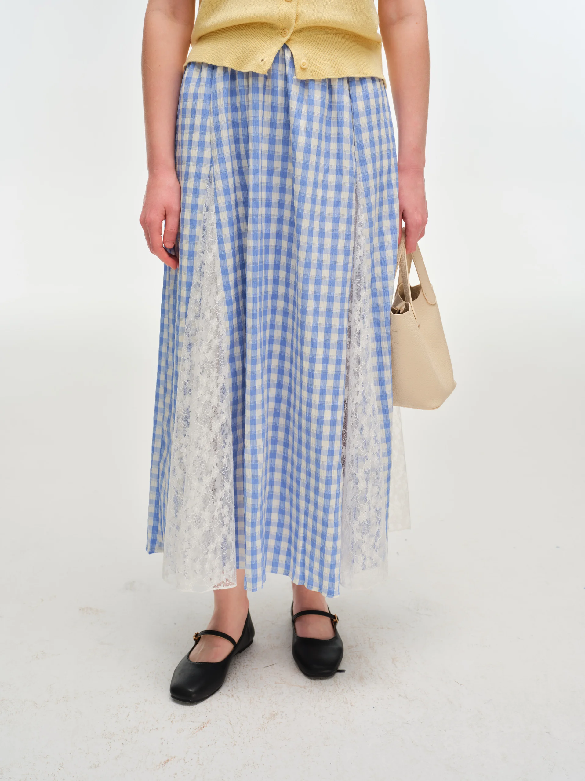 

LZoo Lace Paneling A-Line Midi Skirt Women's Fake Two-Piece High Waist Pleated Loose Fit Summer 2024 Blue Gingham Skirt