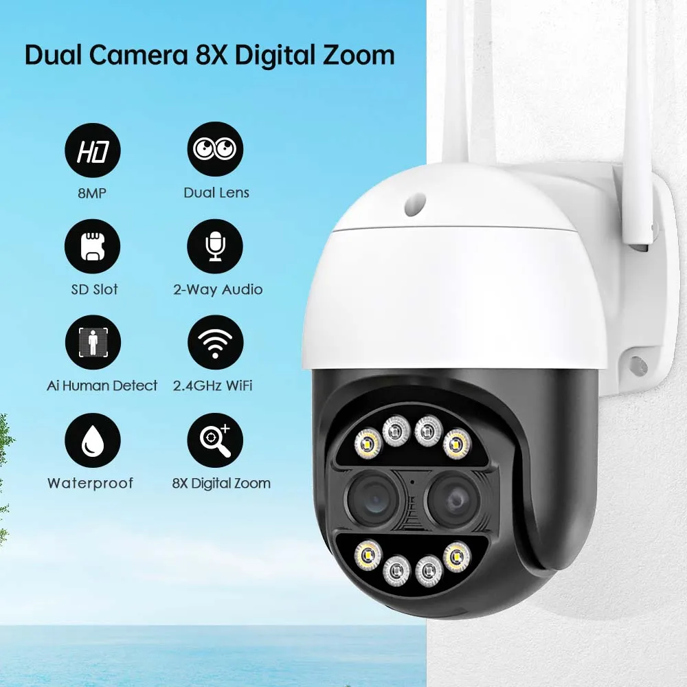 Caméra de surveillance extérieure PTZ IP WiFi 8MP/4K, dispositif de sécurité sans fil, avec n'aime x8, lentille pour les touristes et protocole P2P, fonctionne avec ICsee