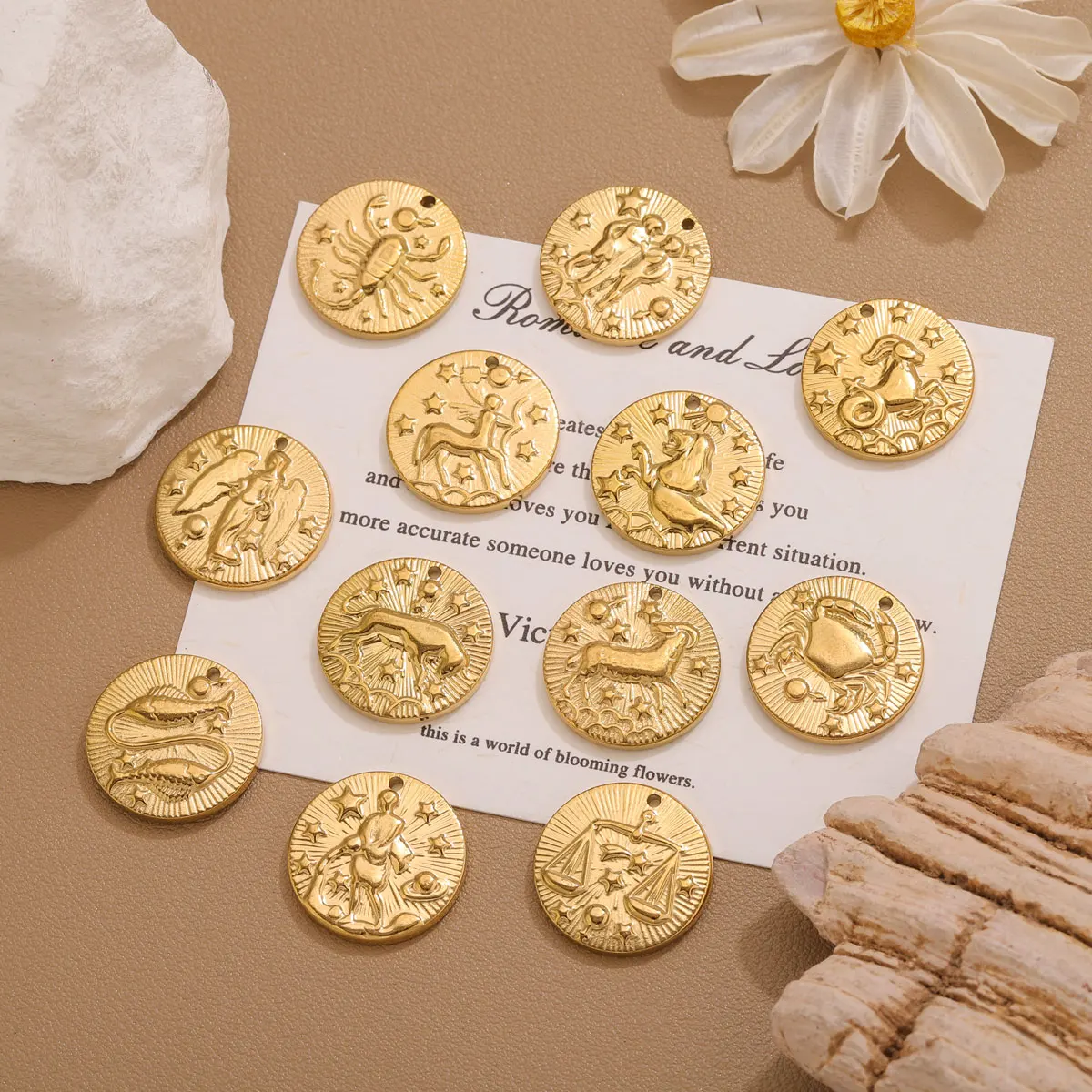 

5pcs Stainless Steel 12 Constellation Charms For Necklace Round Coin Zodiac Pendant DIY Handmade Astrology Jewelry Making Charm