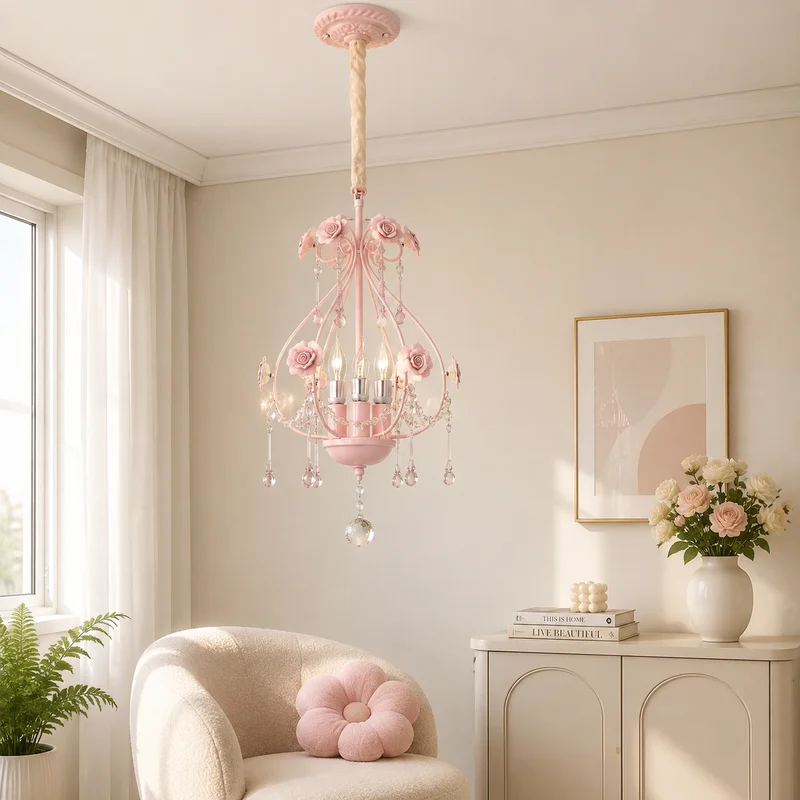 Pink Iron Rose Floral Wabi Sabi Style Romantic Bedroom Decor For Girls Room Nursery Princess Theme Decorative Home Pendant Lamp